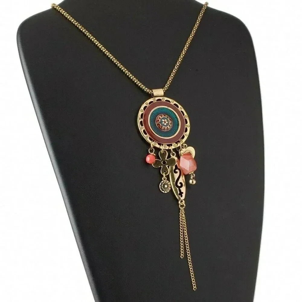 Antiqued Gold Enameled Pewter Large Pendant and Baubles Statement Y Necklace